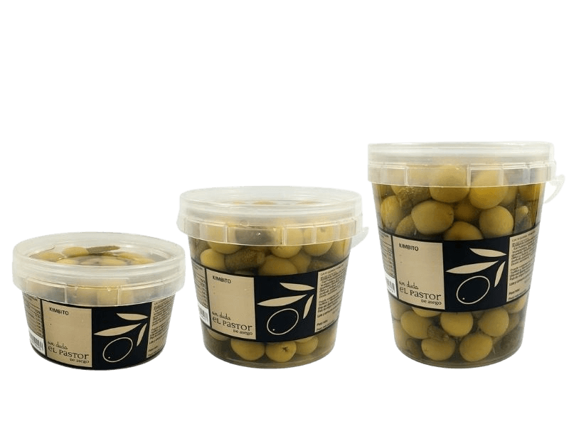 Aceitunas rellenas de pepinillo conjunto tarrinas comprimida